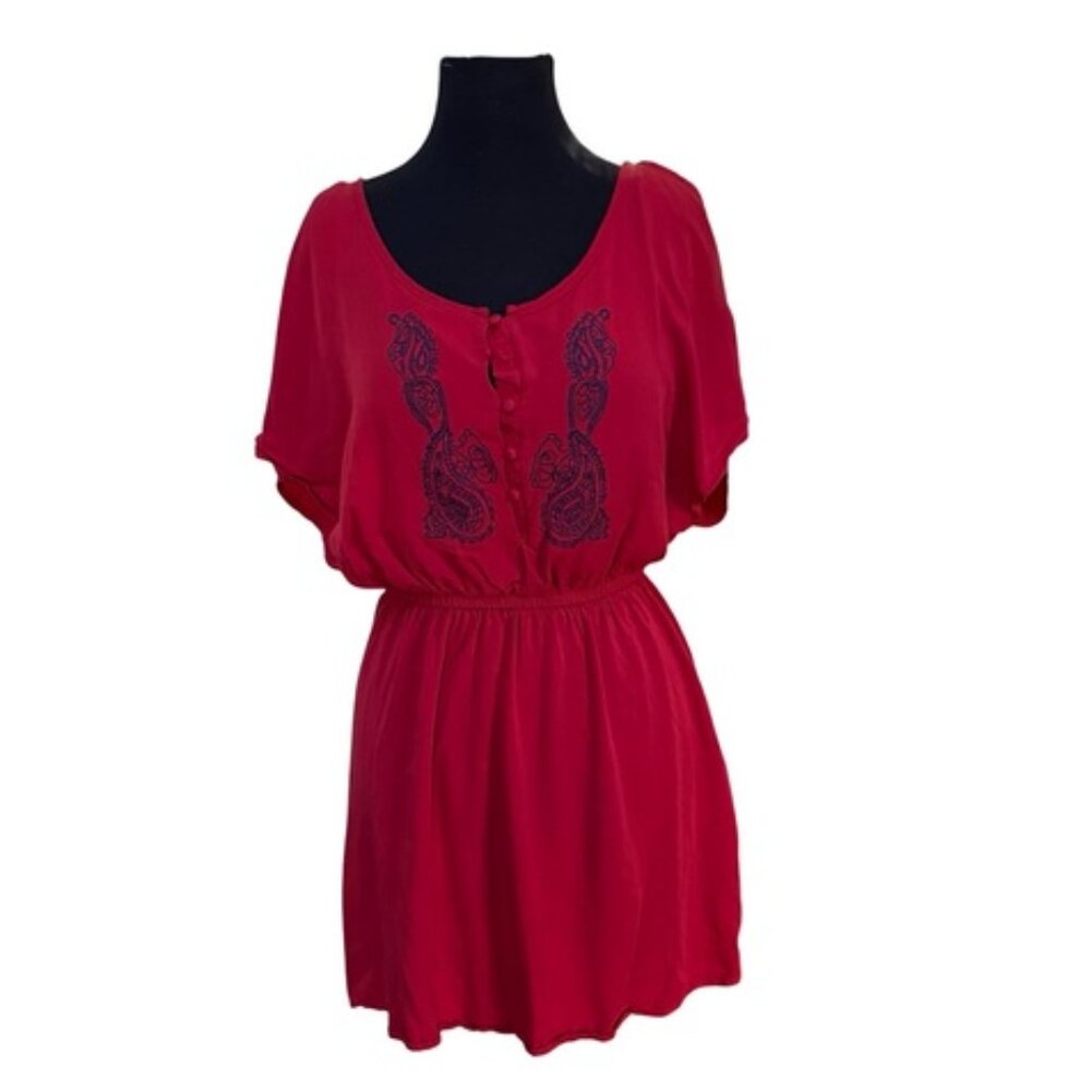 JustFab Red Embroidered Short Sleeve Dress M